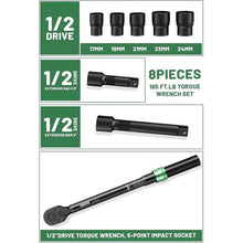 Load image into Gallery viewer, 1/2-Inch Drive Click Torque Wrench Set (25-165 ft.-lb./20-220 Nm), 8pcs for Auto, Moto Maintenance, Dual-Direction Adjustable 72 Tooth

