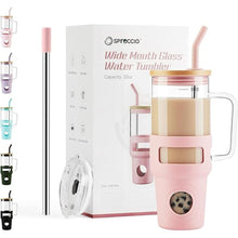 Load image into Gallery viewer, Glass Tumbler with Straw and Lid, 32oz Reusable Iced Coffee Tumbler with Handle Pink, Glass Water Bottles Fit in Cup Holder, Smoothie Cup with Lid, Clear Water Bottle with Straw
