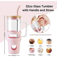 Load image into Gallery viewer, Glass Tumbler with Straw and Lid, 32oz Reusable Iced Coffee Tumbler with Handle Pink, Glass Water Bottles Fit in Cup Holder, Smoothie Cup with Lid, Clear Water Bottle with Straw
