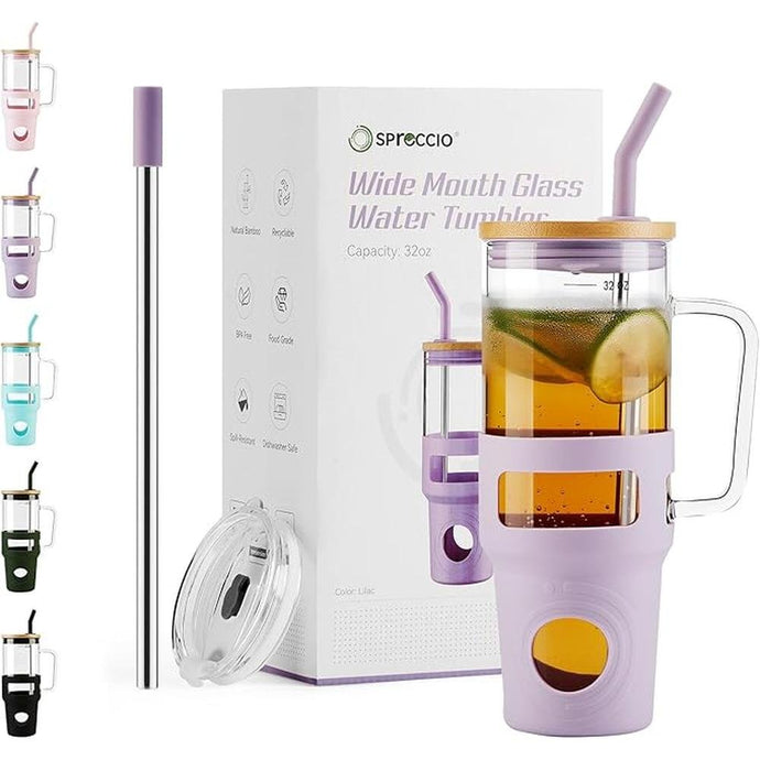 Glass Tumbler with Straw and Lid, 32oz Reusable Iced Coffee Tumbler with Handle Purple, Glass Water Bottles Fit in Cup Holder, Smoothie Cup with Lid, Clear Water Bottle with Straw