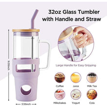 Load image into Gallery viewer, Glass Tumbler with Straw and Lid, 32oz Reusable Iced Coffee Tumbler with Handle Purple, Glass Water Bottles Fit in Cup Holder, Smoothie Cup with Lid, Clear Water Bottle with Straw
