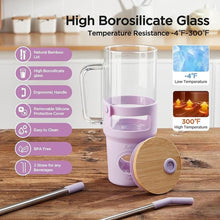 Load image into Gallery viewer, Glass Tumbler with Straw and Lid, 32oz Reusable Iced Coffee Tumbler with Handle Purple, Glass Water Bottles Fit in Cup Holder, Smoothie Cup with Lid, Clear Water Bottle with Straw
