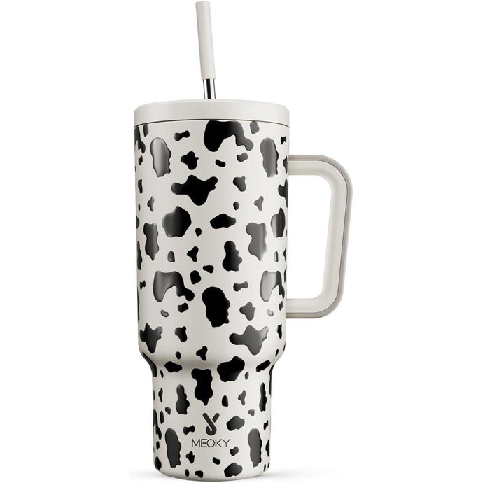 Meoky 40 oz Tumbler with Handle and Straw, Tumbler with Lid and Straw, Insulated Stainless Steel Travel Mug, 100% Leak-proof, Keeps Cold for 34 Hours or Hot for 10 Hours (Cow)