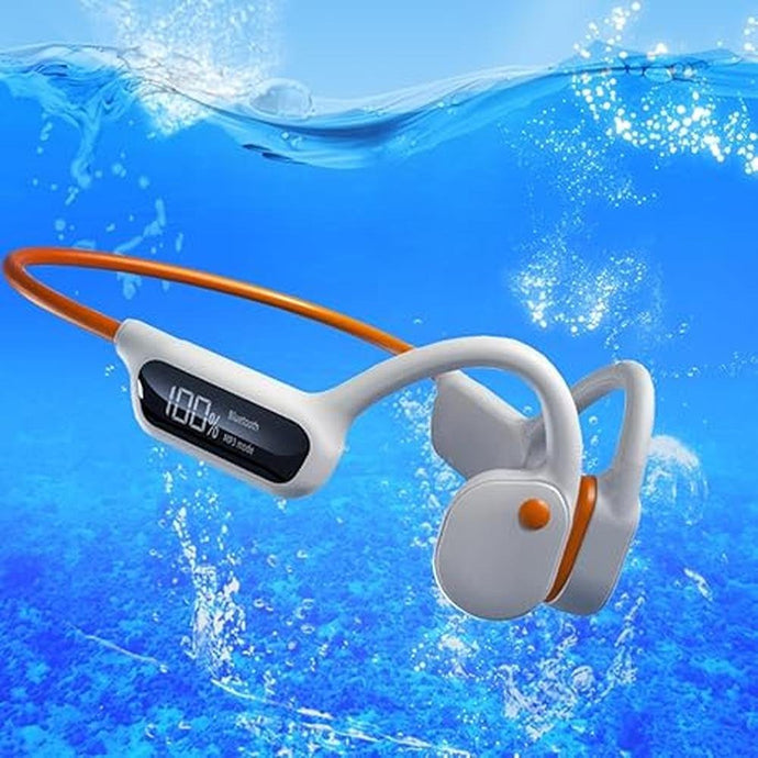 Swimming Headphones Bone Conduction Open Ear Headset MP3 Player Built-in 32G Memory IP68 Underwater Waterproof Stereo Bluetooth Earphone LED Screen for Driving Bicycling Running Skiing-X10 White
