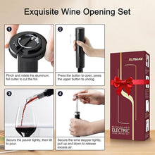 Load image into Gallery viewer, Electric Wine Opener Set, Rechargeable Wine Bottle Opener with Foil Cutter / 4 x Vacuum Stoppers/Premium Wine Aerator Pourer, Wine Corkscrew Remover, Automatic Wine Opener Gifts(Black)
