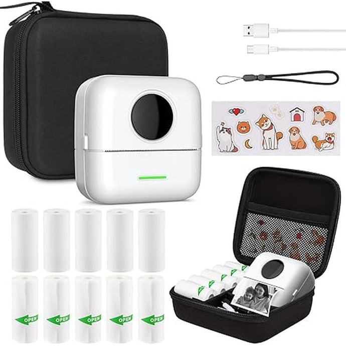 Print Pods Mini Sticker Printer Thermal Inkless Printer for iOS&Android with Hard Protection Storage Case,Bluetooth Label Maker with 11 Rolls Thermal Paper?Sticker for Photo Receipt DIY