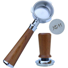 Load image into Gallery viewer, 54mm Bottomless Portafilter 3 Ears Red Rosewood Handle Set – Fits 54mm Breville machines – Includes 18g Filter Basket, Updated Tamper with Constant 30lb Calibrated Spring Loaded &amp; 1.7mm Puck Screen
