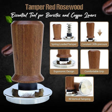 Load image into Gallery viewer, 54mm Bottomless Portafilter 3 Ears Red Rosewood Handle Set – Fits 54mm Breville machines – Includes 18g Filter Basket, Updated Tamper with Constant 30lb Calibrated Spring Loaded &amp; 1.7mm Puck Screen
