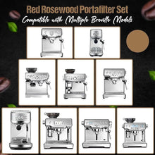 Load image into Gallery viewer, 54mm Bottomless Portafilter 3 Ears Red Rosewood Handle Set – Fits 54mm Breville machines – Includes 18g Filter Basket, Updated Tamper with Constant 30lb Calibrated Spring Loaded &amp; 1.7mm Puck Screen
