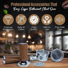 Load image into Gallery viewer, 54mm Bottomless Portafilter 3 Ears Red Rosewood Handle Set – Fits 54mm Breville machines – Includes 18g Filter Basket, Updated Tamper with Constant 30lb Calibrated Spring Loaded &amp; 1.7mm Puck Screen
