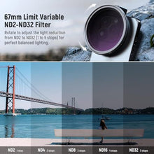 Load image into Gallery viewer, NEEWER 67mm Clip On Variable ND2-32 Phone Lens Filter Kit, Phone Clip w/Threaded Adapter Ring/Cold Shoe/Locking Knob, Variable ND Filter for iPhone 16 15 Pro Max Plus 14 13 Galaxy S22 S23 S24 Ultra
