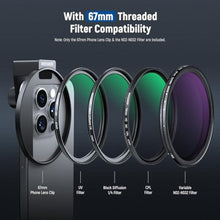 Load image into Gallery viewer, NEEWER 67mm Clip On Variable ND2-32 Phone Lens Filter Kit, Phone Clip w/Threaded Adapter Ring/Cold Shoe/Locking Knob, Variable ND Filter for iPhone 16 15 Pro Max Plus 14 13 Galaxy S22 S23 S24 Ultra
