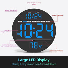 Load image into Gallery viewer, Digital Wall Clock with Large LED Display, Auto-Brightness, Temperature, Low-Reflectivity, Small Silent Non-Ticking Modern Electric Wall Clock for Bedroom, Living Room, Office, Classroom, Farmhouse
