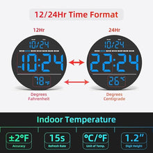 Load image into Gallery viewer, Digital Wall Clock with Large LED Display, Auto-Brightness, Temperature, Low-Reflectivity, Small Silent Non-Ticking Modern Electric Wall Clock for Bedroom, Living Room, Office, Classroom, Farmhouse

