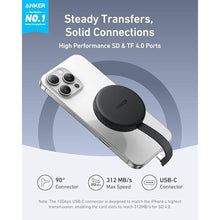 Load image into Gallery viewer, Anker MagGo USB-C Adapter, SD Card Reader for USB C iPhone 16/15 Series(Not for12/13/14), Portable Magnetic Memory Card Reader with Built-in Cable, Slots for SD&amp;TF, 312MB/s Max Data Transfer(Black)
