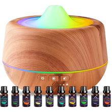 Load image into Gallery viewer, 500ml Essential Oil Diffuser with 10 Scented Essential Oils,Wood Grain Ultrasonic Oil Diffuser,Aromatherapy Diffuser with Remote Control,Timer,7 Colors Light,2 Mist Modes for Large Room Office,Yellow
