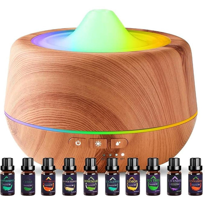 500ml Essential Oil Diffuser with 10 Scented Essential Oils,Wood Grain Ultrasonic Oil Diffuser,Aromatherapy Diffuser with Remote Control,Timer,7 Colors Light,2 Mist Modes for Large Room Office,Yellow