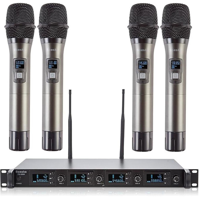 Wireless Microphone System, 4-Channel UHF Wireless Mic, Fixed Frequency Metal Cordless Mic with 4 Handheld Dynamic Microphones, 200ft Range, Mics for Singing, Church (4 Handheld)