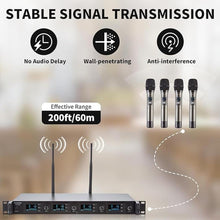 Load image into Gallery viewer, Wireless Microphone System, 4-Channel UHF Wireless Mic, Fixed Frequency Metal Cordless Mic with 4 Handheld Dynamic Microphones, 200ft Range, Mics for Singing, Church (4 Handheld)
