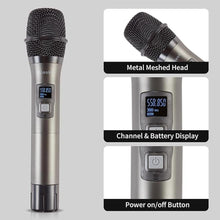 Load image into Gallery viewer, Wireless Microphone System, 4-Channel UHF Wireless Mic, Fixed Frequency Metal Cordless Mic with 4 Handheld Dynamic Microphones, 200ft Range, Mics for Singing, Church (4 Handheld)

