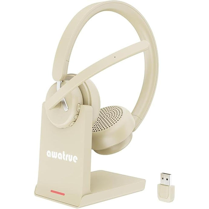 Wireless Headset with Mic for Work, Bluetooth Headset with AI Noise Cancelling Microphone & Charging Base, 2.4GHz Wireless Headphones with USB Dongle for Computer/Remote Work/Call Center/Zoom