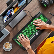 Load image into Gallery viewer, Large Print Backlit Computer Keyboard, USB Full Size Wired Keyboards with 7-Colors Backlight, Wrist Rest, Light Up Keyboard for Windows, PC, Laptop - Easy to See, Easy to Setup
