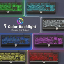 Load image into Gallery viewer, Large Print Backlit Computer Keyboard, USB Full Size Wired Keyboards with 7-Colors Backlight, Wrist Rest, Light Up Keyboard for Windows, PC, Laptop - Easy to See, Easy to Setup
