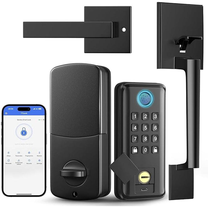 Keyless Entry Door Lock, SEVEKO Smart Locks for Front Door with Handle, Fingerprint Front Door Lock Set with App Control, Keypad Deadbolt Door Locks, Smart Lock Compatible with Alexa, Matte Black