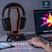 Load image into Gallery viewer, Headset Stand Headphone Holder for Desk Xbox PS5 PC Gaming Accessories, RGB Lighting USB Hub Virtual 7.1 Sound Card 3 Pre-Programmed EQ Modes,Black
