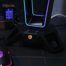 Load image into Gallery viewer, Headset Stand Headphone Holder for Desk Xbox PS5 PC Gaming Accessories, RGB Lighting USB Hub Virtual 7.1 Sound Card 3 Pre-Programmed EQ Modes,Black
