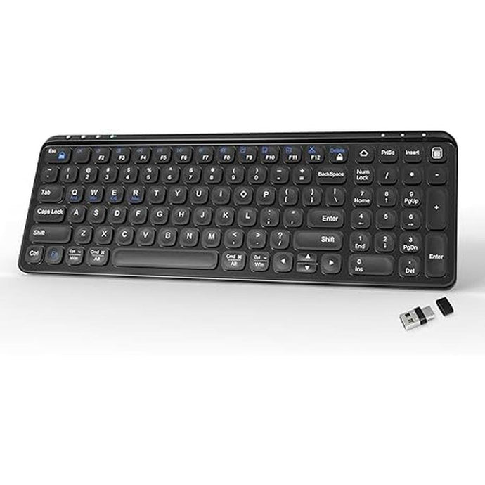 Compact Wireless Bluetooth Keyboard – 99 Keys, Ultra-Slim Design, 4-Device Connectivity (2.4G + Bluetooth 5.0), Quiet Typing for PC/Mac/iOS/Android, 13 Multimedia Keys, Rechargeable, Black