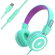 Load image into Gallery viewer, Kids Headphones with LED Lights for School, Upgrade USB Type C Kid Headphone with Microphone, Volume Limiter 85/94dB, Wired On Ear Headphones for Boys/Girls/Tablet/Travel -Green
