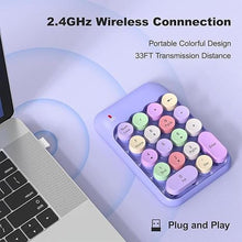 Load image into Gallery viewer, Wireless Number Pads, Cute Colorful Numeric Keypad Numpad Portable 2.4 GHz Financial Accounting Number Keyboard Extensions, 18 Key Number Numpad for Laptop Desktop, PC (Purple)
