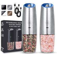 Load image into Gallery viewer, Rechargeable Electric Salt and Pepper Grinder set of 2, gravity electric salt and pepper grinder set, Adjustable Roughness, LED Light, 2 Pack, (Silver)
