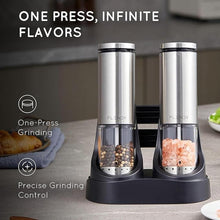 Load image into Gallery viewer, Electric Salt and Pepper Grinder Set Rechargeable, Automatic Salt and Pepper Grinder Set with Oversized Top Button, Stainless Steel Electric Salt and Pepper Shakers Set
