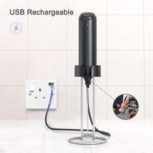Load image into Gallery viewer, Powerful Electric Milk Frother Set, Rechargeable Drink Blender with Stand/Base, Foam Maker Mixer, Handheld Milk Frother for Coffee, Cappuccino, Latte, Matcha, Protein Powder - Black
