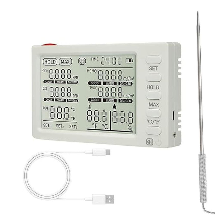 Air Quality Detector & Meat Thermometer with Long Probe, CO, CO2, HCHO, TVOC, Humidity, time, and Ambient Temperature Monitor, Kitchen Timer, Cooking Food Instant Read for Smoker Kitchen
