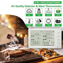 Load image into Gallery viewer, Air Quality Detector &amp; Meat Thermometer with Long Probe, CO, CO2, HCHO, TVOC, Humidity, time, and Ambient Temperature Monitor, Kitchen Timer, Cooking Food Instant Read for Smoker Kitchen
