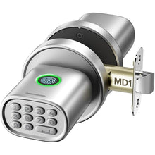 Load image into Gallery viewer, Keyless Entry Door Lock, Fingerprint Door Lock with Keypad Biometric Door Knob, Auto-Lock for Interior Doors Thickness up to 2-1/4", Bedroom, Home Office, Garage, 4xAA Alkaline, MD1 Silver

