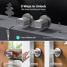 Load image into Gallery viewer, Keyless Entry Door Lock, Fingerprint Door Lock with Keypad Biometric Door Knob, Auto-Lock for Interior Doors Thickness up to 2-1/4", Bedroom, Home Office, Garage, 4xAA Alkaline, MD1 Silver

