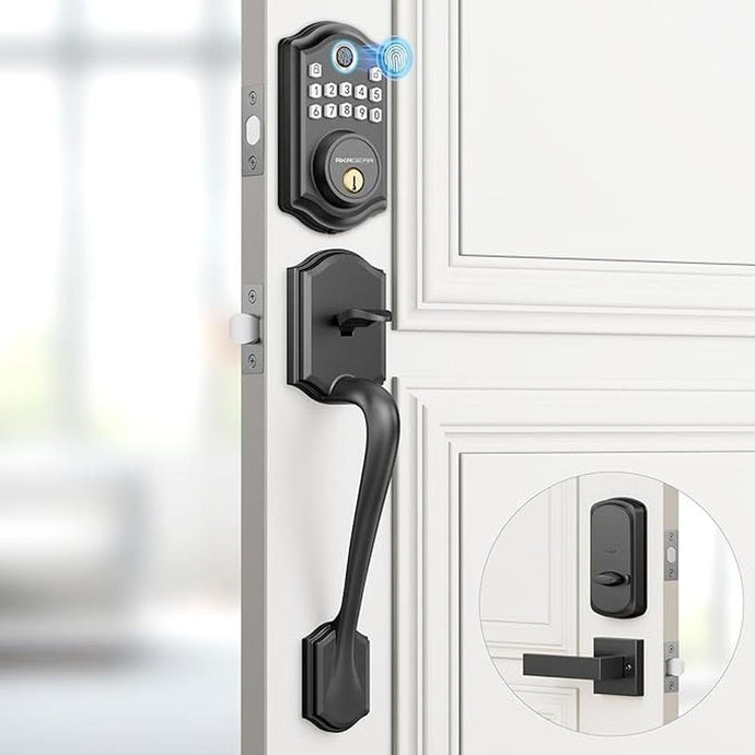 Keyless Entry Door Lock with Handle Set - Fingerprint DeadBolt, Electronic Keypad Deadbolt, Smart Locks for Front Door, Auto-Lock & One Touch Locking, Easy Installation - Matte Black