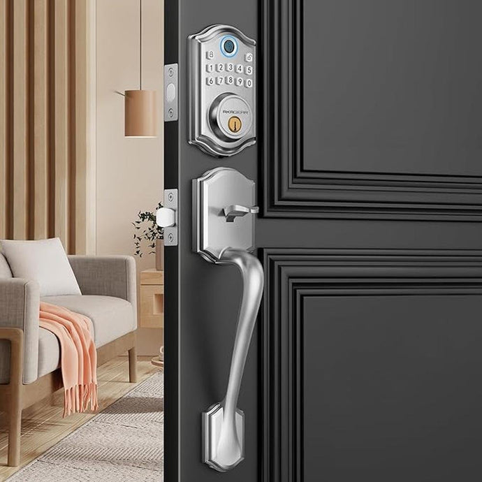 Keyless Entry Door Lock with Handle Set - Fingerprint Door Locks, Electronic Keypad Deadbolt, Smart Locks for Front Door, Auto-Lock & One Touch Locking, Easy Installation - Satin Nickel