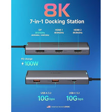 Load image into Gallery viewer, USB C Docking Station, 7 in 1 Docking Station 3 Monitors with Dual HDMI 4K@60Hz &amp; Single DisplayPort (8K@30Hz/ 4K@144Hz), 100W PD, 10Gbps 3USB, USB C Hub Compatible with HP/Dell/Lenovo and More
