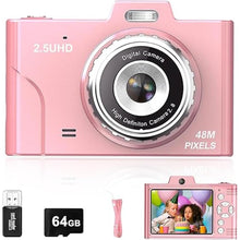 Load image into Gallery viewer, Digital Camera for Kids, 48MP 1080P FHD Camera with 64GB Card, 8X Digital Zoom Point and Shoot Digital Camera Compact Small Camera Gifts for Teens Students Children Kids Boys Girls(Pink)
