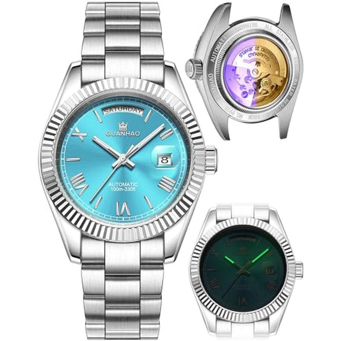 GUANHAO Men s Automatic Mechanical Business Luxury Watch,40mm Luminous Dial,100 Meter Water Resistant,Luxury Fashion Business Casual Sport Designer Watch with Calendar Function,Stainless Steel Strap.