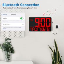 Load image into Gallery viewer, tawiliysy 13&quot; Bluetooth Auto Sync Wall Clock - Large Digital Alarm Clock with Remote, 25 Ringtones, Dual Alarm, Adjustable Brightness, 12/24H, Auto DST, for Living Room, Kitchen, Office, Elderly?Red?
