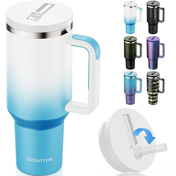 40 oz Tumbler with Handle and Flip Straw Lid - Upgraded Insulated Traveler Tumblers with Lids Straws Vacuum Leak Proof Stainless Steel 40oz Cup Mug Gifts for Men Women Him Her (Clouds Sky)