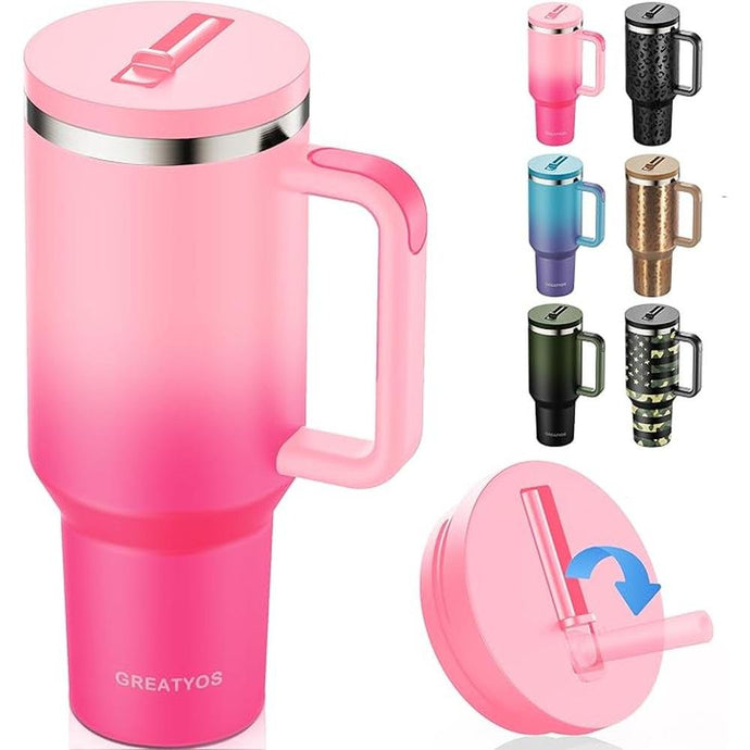 40 oz Tumbler with Handle and Flip Straw Lid - Upgraded Insulated Traveler Tumblers with Lids Straws Vacuum Leak Proof Stainless Steel 40oz Cup Mug Gifts for Men Women Him Her (Pink Sakura)