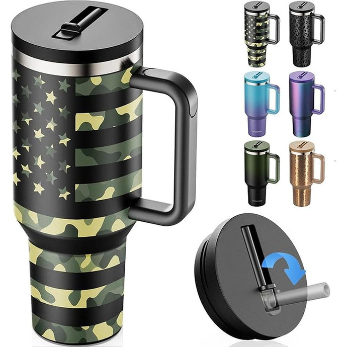 40 oz Tumbler with Handle and Flip Straw Lid Insulated Traveler Tumblers with Lids Straws Vacuum Leak Proof Stainless Steel 40oz Cup Mug Gifts for Men Women Him Her (Camouflage Flag)