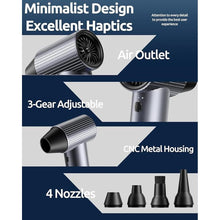 Load image into Gallery viewer, COSANO Full-Metal Jet Dry Mini Blower – 300,000 RPM Electric Air Duster – Rechargeable Compressed Air Blower – High-Power Air Duster with 3 Speeds &amp; 4 Nozzles for Keyboards, Car and Outdoors Cleaning
